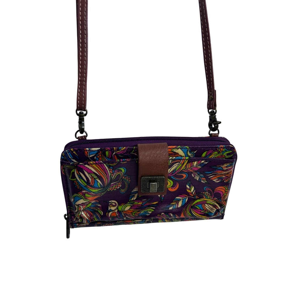 Sakroots Crossbody Wallet Purse Purple Floral Bird Print Coated Canvas Womens